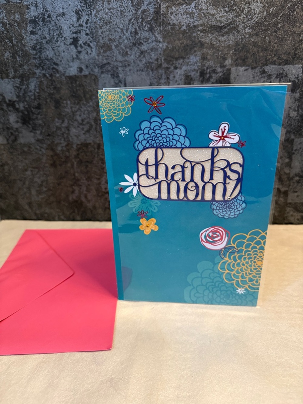 Blue "Thanks Mom" Birhday Card with Floral Designed